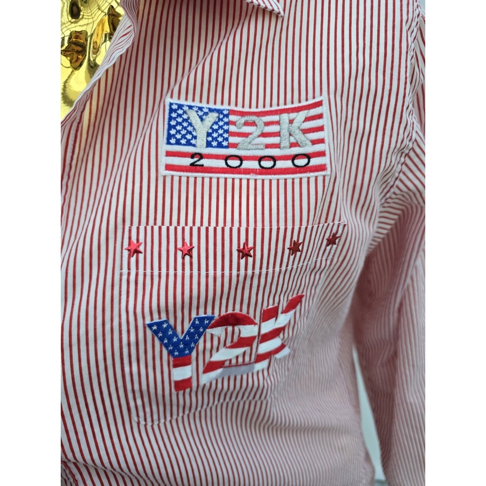 Y2K Get Lucky Patriotic American Flag Patches Button up Shirt Medium Red Stripes - Picture 4 of 6
